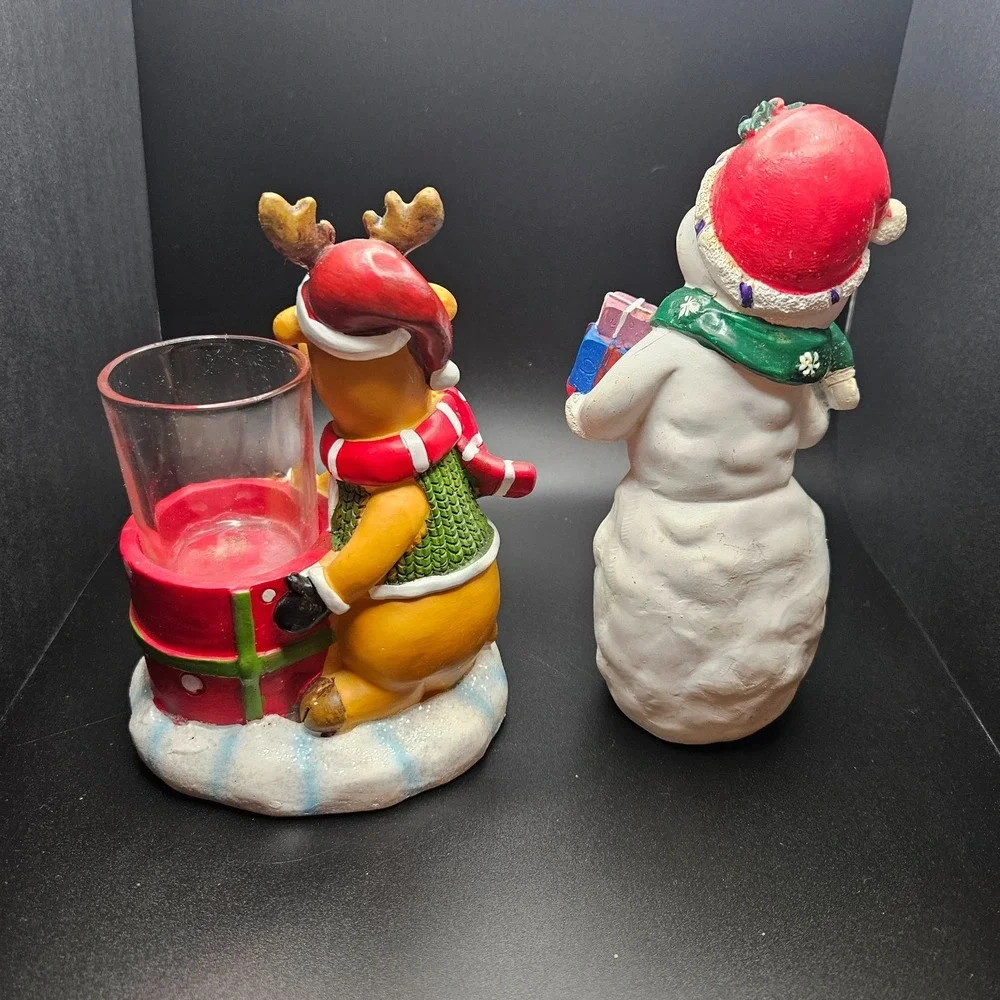 Christmas Snowman Figurine & Reindeer‎ Tealight Holder Set Holiday Decor